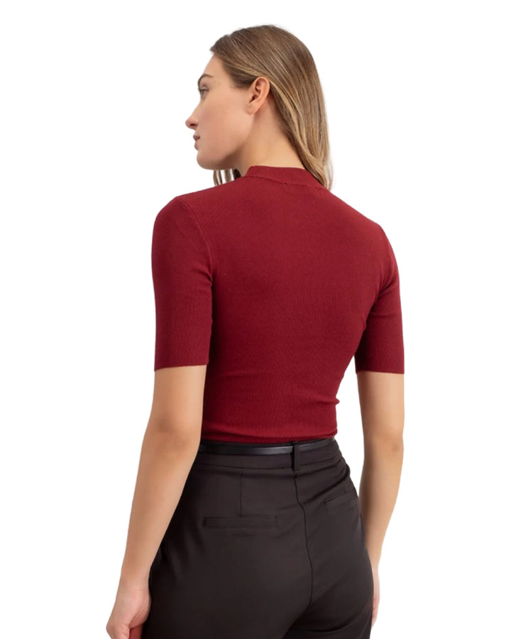 Everyday Basic Short Sleeve Mock Neck Sweater Knit Top in Oxblood