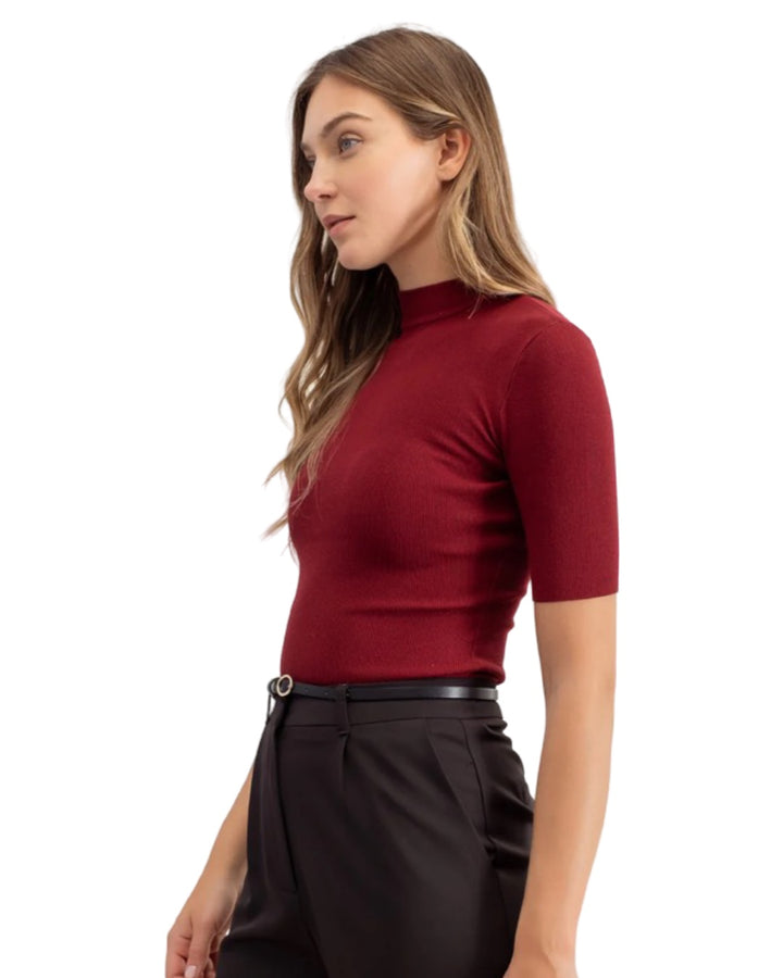 Everyday Basic Short Sleeve Mock Neck Sweater Knit Top in Oxblood