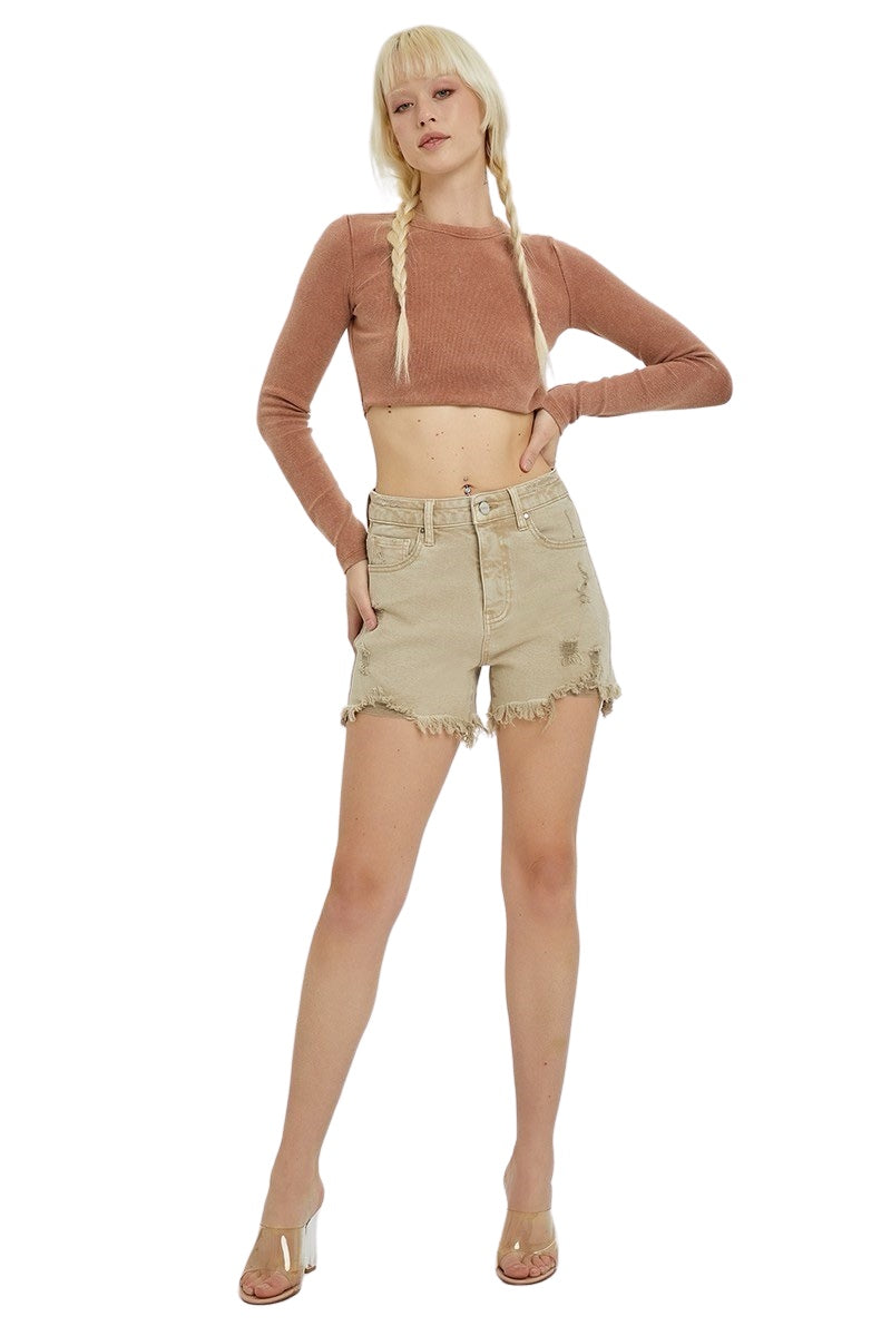 Risen High Rise Distressed Detail Shorts in Sand