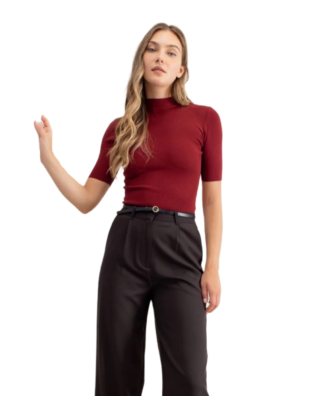 Everyday Basic Short Sleeve Mock Neck Sweater Knit Top in Oxblood