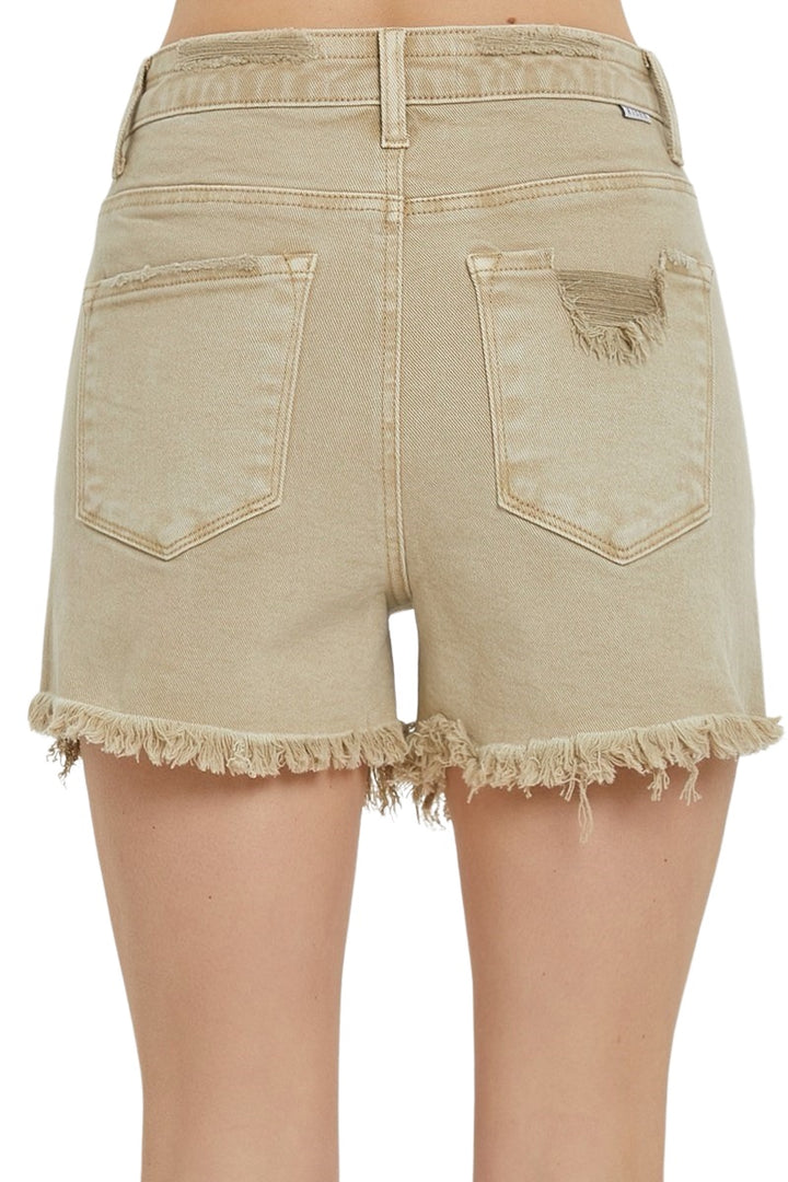 Risen High Rise Distressed Detail Shorts in Sand