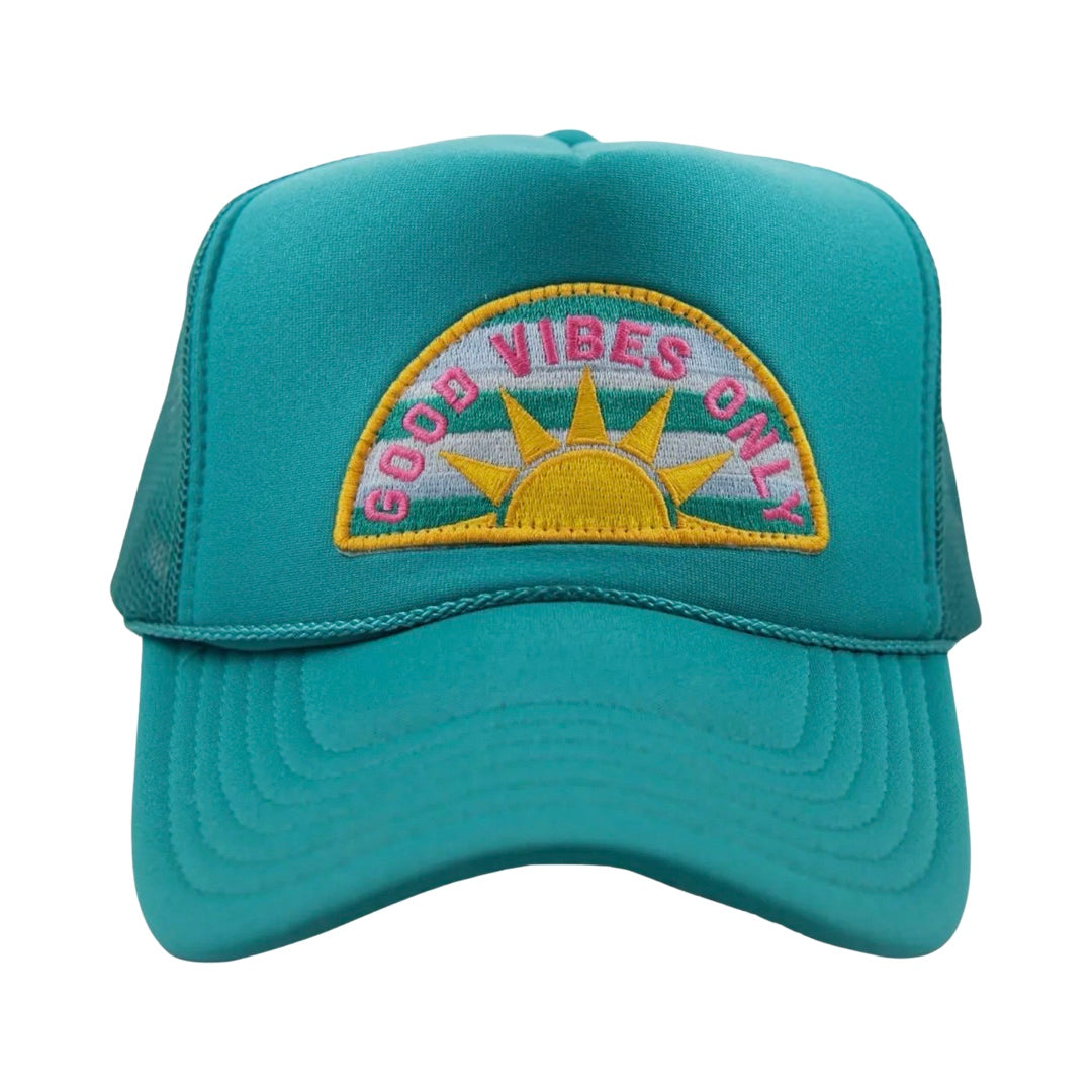 Good Vibes Embroidered Trucker Hat-Teal