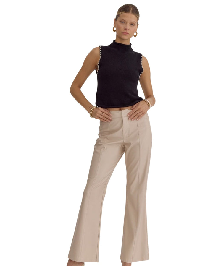 Class Act Faux Leather High Waist Flare Pant in Bone