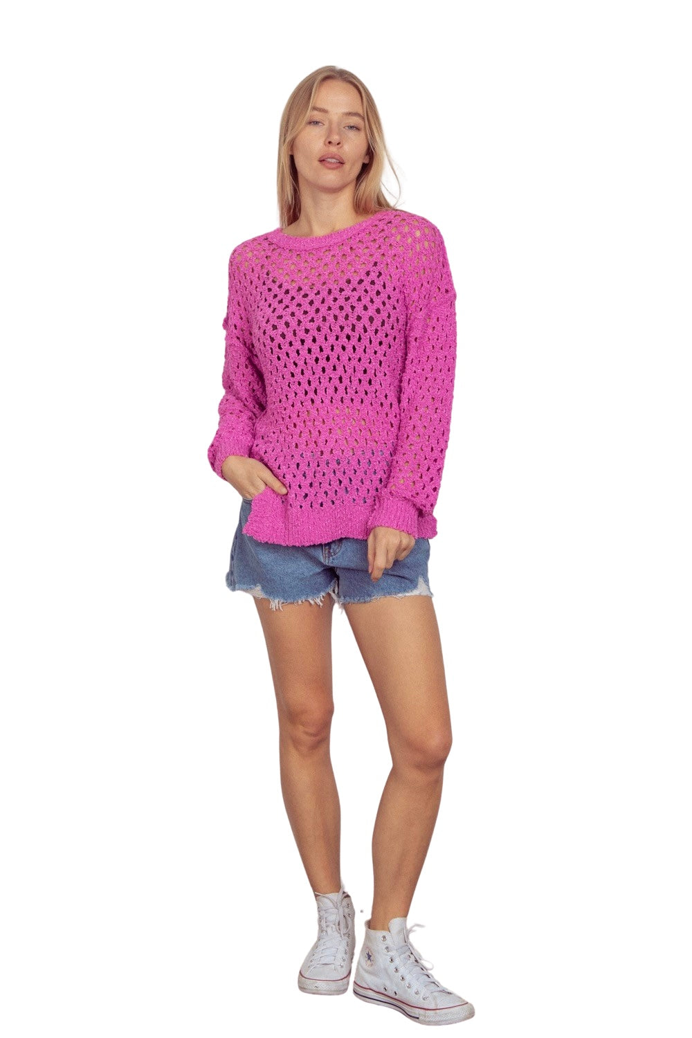 Hold Me Crochet Open Knit Crochet Oversized Top-Pink