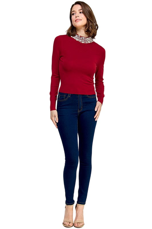 Queen of Pearls Embellished Mock Neckline Fitted Stretch Knit Sweater in Wine