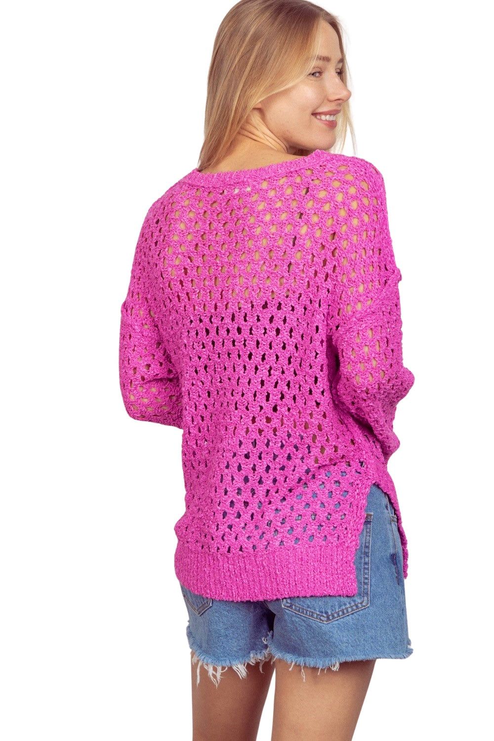 Hold Me Crochet Open Knit Crochet Oversized Top-Pink