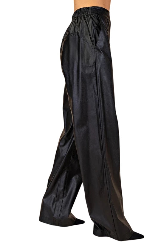 Make A Statement Faux Leather High Rise Wide Leg Pant in Black