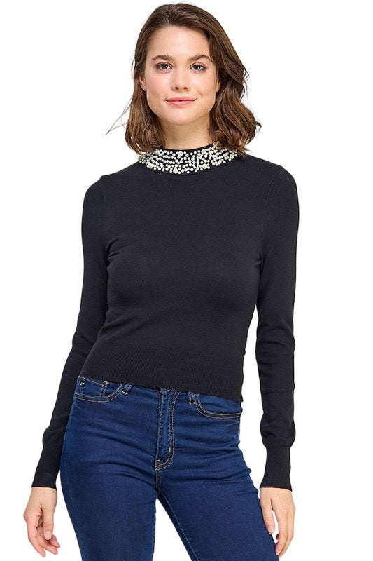 Queen of Pearls Embellished Mock Neckline Fitted Stretch Knit Sweater in Black