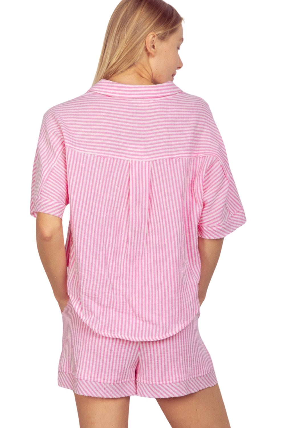 Beach Chic Pink & White Stripe Gauze Button Down Top