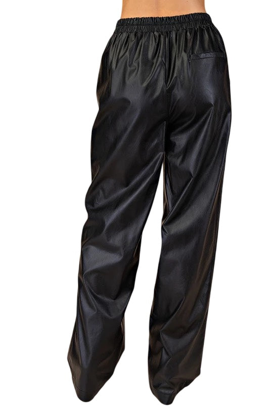 Make A Statement Faux Leather High Rise Wide Leg Pant in Black