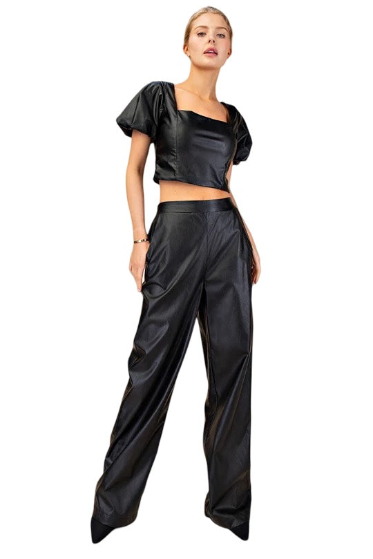 Make A Statement Faux Leather High Rise Wide Leg Pant in Black